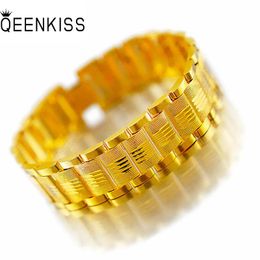 Bangle QEENKISS BT5129 Fine Jewelry Wholesale Fashion Hot Man Boy Father Birthday Wedding Gift Wide 18mm 24KT Gold Watch Chain Bracelet