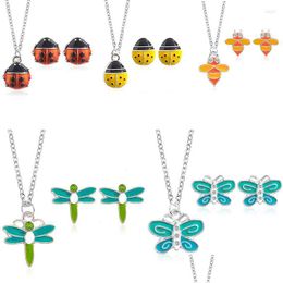 Earrings Necklace Set Cute Insect Cartoon Butterfly Dragonflies Bees Ladybugs Animals Women Kids Jewelry Drop Delivery Sets Dhgarden Dh15W