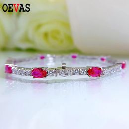 Bangle OEVAS 100% 925 Sterling Silver 4*6 Pigeon Blood Red Blue Bracelet High Carbon Diamond For Women Wedding Engagement Fine Jewelry