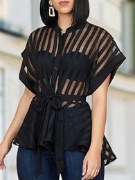 Womens Blouses Shirts Women Transparent See Through Short Sleeves with Waist Belt Buttons Sexy Tops Femme Spring Summer Fashion Bluas 230519