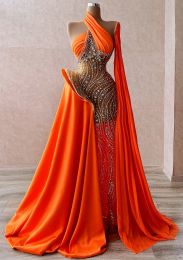 Arabic Plus Size Aso Ebi Orange Luxurious Sparkly Prom Dresses Beaded Crystals Evening Formal Party Second Reception Birthday Engagement Gowns Dress