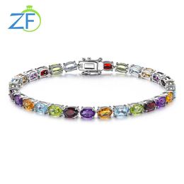 Bangles GZ ZONGFA Genuine 925 Silver Bracelet for Women Natural Garnet Peridot Amethyst Mixed Colour Charm Fine Jewellery