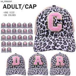 Ball Caps Pink Leopard Embroidered 26 Letters A-Z Baseball Cap Men Women Snapback Hip Hop Hat Summer Breathable Mesh Sun Hats for Women J230520