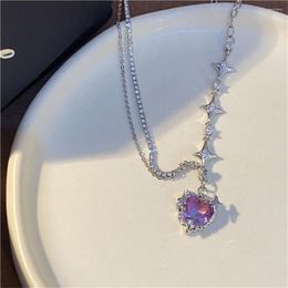 Pendant Necklaces Gradient Purple Zircon Star Love Heart Necklace Women Y2K Crystal Cross Titanium Steel Chain Choker Egirl Jewelry