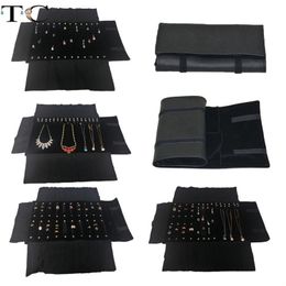 Boxes Jewellery Storage Bag Necklace Roll Organiser Bag Ring Earring Velvet Carrying Black Leather Display Holder Jewellery Packaging