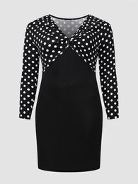 Plus Size Dresses Finjani Patchwork Polka Dot Print Dress For Women 2023 Summer Long Sleeve V-Neck Retro Elegant Bodycon Midi