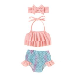 OnePieces Toddler Girl Mermaid Swimsuit Set Suit 2PCS Ruffled Halter Crop TopBikini BottomsHeadband Kids Sunsuit 6M4Y 230519