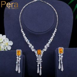 Sets Pera Irregular CZ Champagne Square Long Tassel Dangling Drop Necklace and Earring Wedding Engagement Jewellery Set for Brides J298
