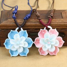 Pendant Necklaces 3D Stereoscopic Three Floors Buddhist Lotus Love Heart Flowers Ceramic Necklace Couple Sweater Chain Charms Jewelry Gift