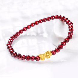 Bangle MUZHI Pure 24K 999 Gold Pixiu Bracelet Handmade Garnet Bead Elastic Cord Bracelet Fine Jewellery Gift for Women BR003