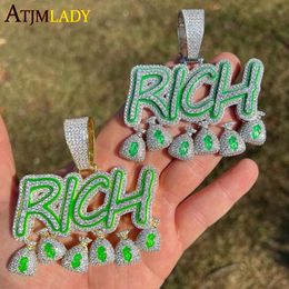 Necklaces Iced Out Bling CZ Zircon Letter Green Enamel Fluorescence Rich Pendant Money Dollar Sign Necklace HipHop Men Luminous Jewellery