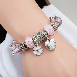 2023 New Arrival Pink Sakura Love Heart Beads Charms Bracelet 3mm Snake Chain Charm Bracelets for Women with Original Logo