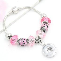 Bracelets 10PCS Wholesale DIY Breast Cancer Awareness 18mm Snap Jewellery Pink Ribbon Bead Snap Bracelets For women