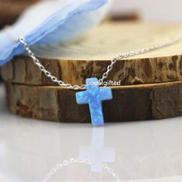 Necklaces 1pc High Quality Lovely Women Trending Products OP06 Blue Opal Stone Pendant Cross Shape 925 Sterling Silver O Chain Necklace