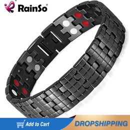 Bracelets Rainso Men's Stainless Steel Bracelet Double Row 4 Elements Energy Power Link Bracelet Black Polished OSB1044BFIR