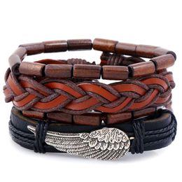 Beaded 4Pcs/Set Retro Genuine Leather Bracelets For Women Handmade Diy Angel Wing Mtilayer Woven Set Charm Couple Jewellery Drop Delive Dhywm