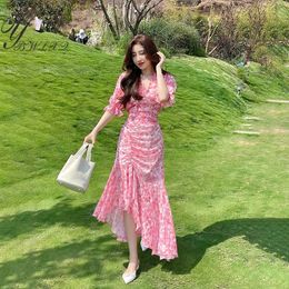 Basic Casual Dresses Fashion Elegant Pink Floral Dress Summer Chiffon Print High-End Vacation Outfits V-Neck Belt Slim Waist Mermaid Prom Dresses 230520