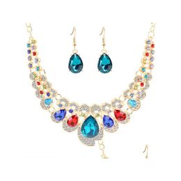 Bracelet Earrings Necklace Fashion Crystal Jewellery Sets For Women Teardrop Geometric Party Wedding Bridal Set Christmas Gift Drop Dh4Lk
