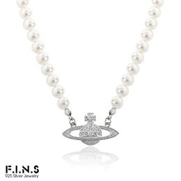 Necklaces F.I.N.S Korean Style Planet Zircon Pendant S925 Sterling Silver Necklace Pearl Chain Stackable Luxury Wedding Engagement Jewellery