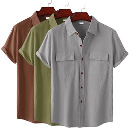 Men's Casual Shirts Men's Cotton Linen Summer Short Sleeve Shirt Solid Colour Breathable Hawaiian Beach Male Shirts Casual Blouse For Men 230519