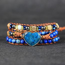 Bracelets OAIITE Bohemia Bracelet for Women Imperial Stone Multilayer Leather Braided Wristband Heart Shaped Bracelet Fashion Jewellery