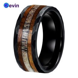 Rings 8MM Cool Hammer Ring Men Women Tungsten Carbide Wedding Band With Whiskey Barrel Oak Wood And Deel Antler Inlay Comfort Fit