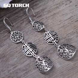 Knot Real 925 Sterling Silver Vintage Long Earrings For Women Hollow Flower Chinese Words Double Happiness Brincos 2017