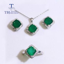 Sets Natural green agate Jewelry set 925 sterling silver pendant necklace ring clasp earring fine jewelry cushion 8mm for women