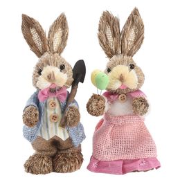 Novelty Items 2PCS 23/35CM Straw Bunny Easter Decor Simulation Cute Rabbit Ornament Home Festival Party Window Decoration Props Children Gift G230520