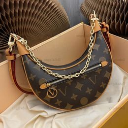 10A Mirror Quality Designers Small Hobo Bags 23cm Womens Loop Half Moon Bag Brown Canvas Handbag Real Leather Trims Chain Purse Luxury Womens Shoulder Strap Box Bag