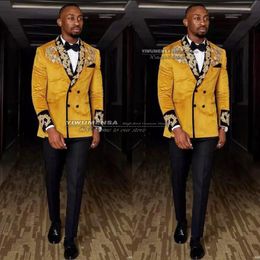 Men's Suits & Blazers Arabic African Wedding Tuxedo Gold Velvet Jacket With Appliques Blazer Pants 2 Pieces Set Men Custom Made Marriage