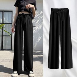 Women s Two Piece Pant 2023 Spring Summer Ice Silk Wide Leg High Waist Casual Female Slim Loose Straight Black Trousers 230520