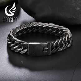 Bangle Fongten Retro Black Bracelet Men Cuban Stainless Steel Chain Wide Bracelets Male Fashion Jewellery