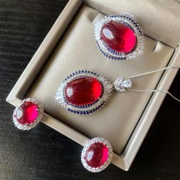 Necklace Earrings Set Vintage Dan Shaped Pigeon Blood Red Treasure Plain Face Full Diamond Inlay Main Stone 15 20 10 12