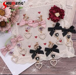 Neck Ties Japanese Style Sweet Silver Needle and Cute Bow for Girl Pearl Hearth Shaped Earring 925 Ear Clip 230519