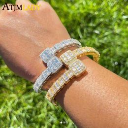 Bangles 2022 Hip Hop New Women Men's Baguette Bling CZ Custom Opened Square Cubic Zircon Iced Out Gold Silver Colour Bracelet Bangle