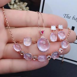 Sets Boutique Jewellery 925 Sterling Silver Inlaid Natural Ross quartz Necklace Ring Earring Bracelet Suit Support Detection