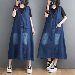 Casual Dresses Korean Fashion Tank Denim Dress For Ladies V Neck Button Midi Long Clothes Summer Washed Bleached Jeans Pocket Vestidos