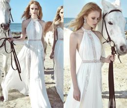 Bohemian Chiffon Beach Wedding Dresses Halter Neck Sleeveless White Summer Boho Bridal Gowns Lace Appliques Backless Sexy A Line Bride Dress