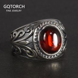 Rings Real 925 Sterling Silver Jewelry Vintage Rings For Men Engraved Flowers With Red Garnet Natural Stone Fine Jewellery