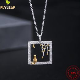 Necklaces 18k Gold Plating Moon Cat Pendant Necklace Women 925 Sterling Silver Square Box Clavicle Necklace Vintage Femme Fine Jewelry