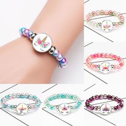 Bangle 10PC/lot Unicorn Beaded Bracelets 18mm Snap Buttons Dome Cabochon Horse Charms Trendy Jewelry Girls Kids Women Boy Unisex Gift