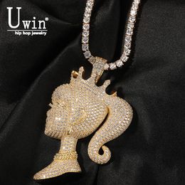 Necklaces UWIN Girl Head Pendant Crown Ponytail Cuban Chain Micro Pave Iced Out Cubic Zircon Charms Tennis Necklace Jewelry For Gift