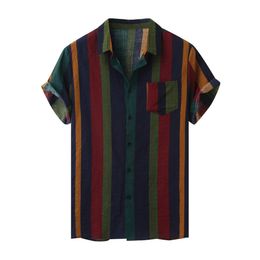 Men's Casual Shirts Men's Short Sleeve Hawaiian Shirt Single Breasted 3D Printed Multicolor Striped Casual Loose Premium Oversized Shirt S-5x 230519