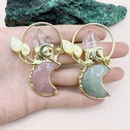 Pendant Necklaces Pure Gold Color Plated Crescent Shape Natural Rose Quartzs Green Aventurine Crystal Moon Necklace