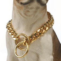 Necklaces 10/12/14/16mm Stainless Chain Dog Collar Gold Colour Cuban Link Dog Slip Chain Choke Collar Steel Strong Slip Dog Collars for Pet