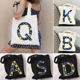 Evening Bags Floral English Alphabet A To Z Initial Letter Print Flower Watercolour Women's Canvas Shopper Tote Bag Reusable Shopping