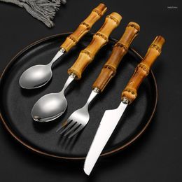 Dinnerware Sets Silver Stainless Steel Set With Bamboo Handle Retro Spoon Steak Knife Fork Camping Cutlery Kitchen Tableware