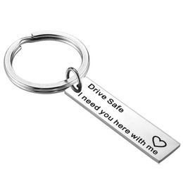 Keychains Lanyards Mens Stainless Steel Keychain Carved Drive Safe I Need You Here With Me English Alphabet Key Rings For Women Dr Dhmqi