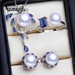 Sets FENASY 925 Sterling Silver Necklace Natural Pearl Jewellery Sets For Women Bohemian Stud Earrings Sapphire Pendant Party Rings